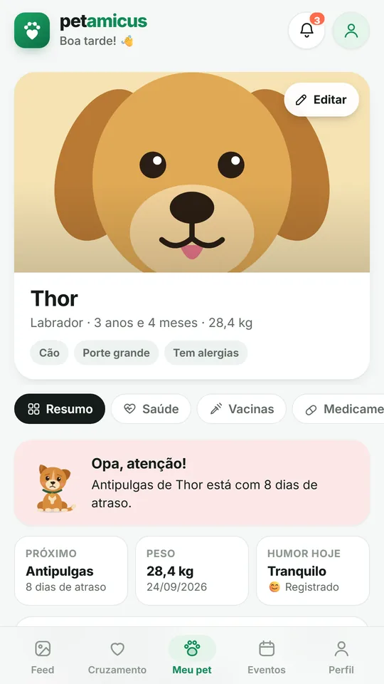 Tela do Petamicus: o perfil do pet com o resumo dos cuidados, os lembretes e a agenda.