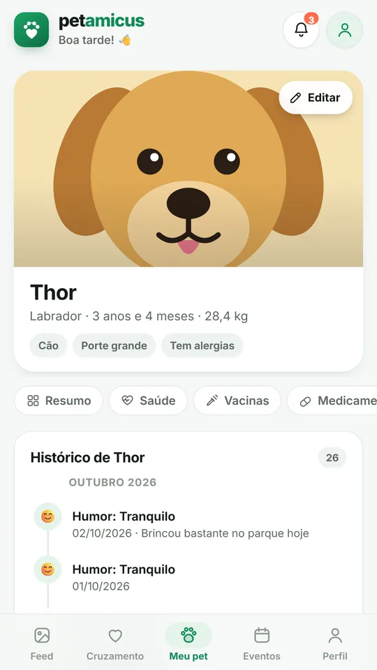 Linha do tempo com o histórico do pet