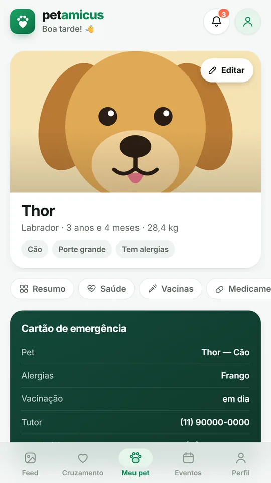 Cartão de emergência com alergias, vacinação, tutor e veterinário