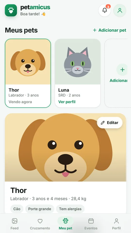 Galeria de pets e a seção Vacinas com as próximas doses